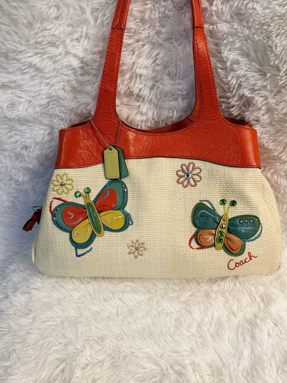 Collectible! Rare Authentic Coach Lexi Butterfly Straw Shoulder Bag in Coral